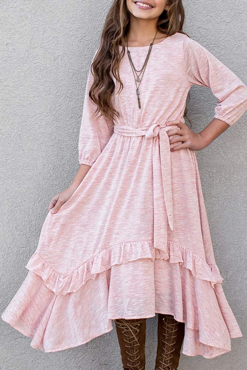 MITILLY Girls Loose Plain 3/4 Sleeve Casual Pocket Ruffle Swing Long Maxi Dress with Belt 12 Years Pink - Image 5